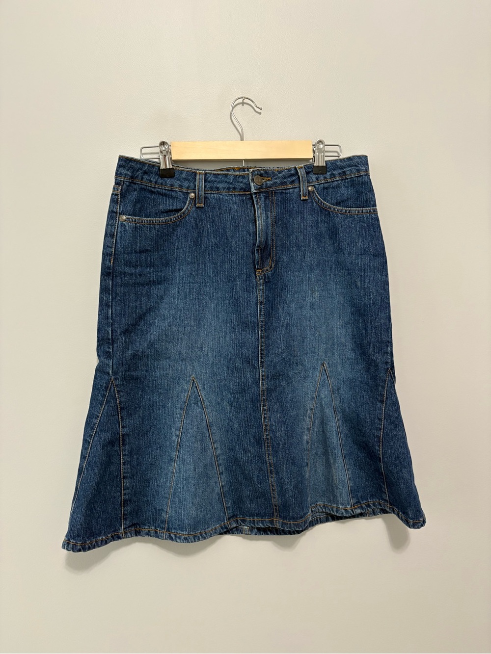 Vintage Paris Blues Soulmate Classic Dark Blue Midi Denim Fut and Flare Skirt